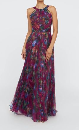 Theia Naveen Pleated Gown In Sangria Poppy Stripe