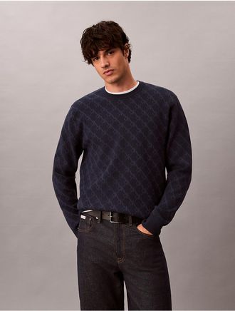 Calvin Klein Mens Tech Knit Monogram Logo Crewneck Sweater - Blue - 2XL