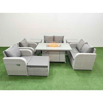 Fimous 7 Seater Outdoor Reclining Chair Love Sofa Set Rattan Garden Furniture Set with Firepit Dining Table Footstool 2 Side Tables Light Grey - Fimous