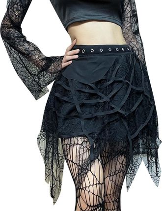 Generic Summer Women High Waist Gothic Punk Mini Skirts Female Cross Pattern Aesthetic A-line Skirt Y2k Gothic Punk Spider Web Fringe Miniskirt Skirt Evening 