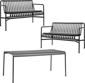 HAY Palissade Tisch + 2x Dining Bench mit Sitzkissen, anthrazit