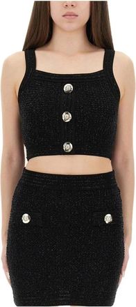 Balmain Textured Knit Crop Top en Mini Rok Set - Dames - Tops zonder mouwen - Zwart - M - Tweed - Tops