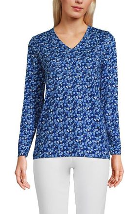 Lands End Relaxed Supima Cotton Long Sleeve V-Neck T-Shirt in Deep Sea/blue Ditsy Floral at Nordstrom, Size X-Large