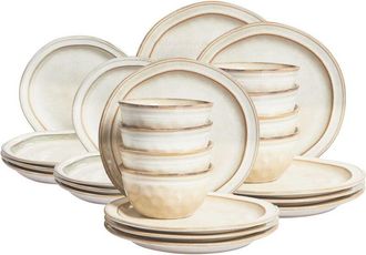 Beliani Vajilla De 24 Piezas Gres Caol&iacute;n Hecho A Mano Acabado Esmalte Reactivo Beige Claro Chives