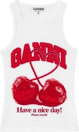 Ganni White Graphic Round Neck Top