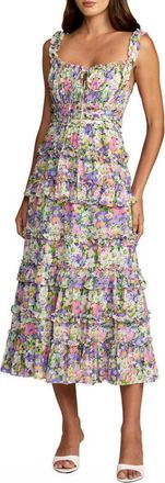 Mac Duggal Vibrant Floral Ruffle A-Line Cotton Midi Dress in Multi at Nordstrom, Size 12