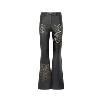 Roberto Cavalli Leather Trousers With Perforated Roses - female - Roberto Cavalli - Leather Trousers - Black - S - Trousers