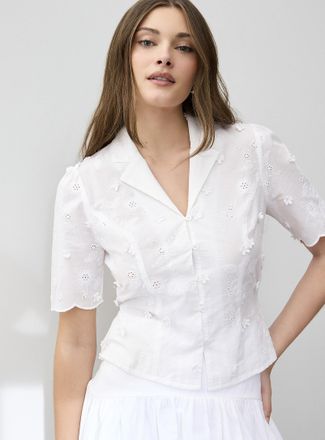 Icone Womens Broderie anglaise notch collar drawcord waist blouse