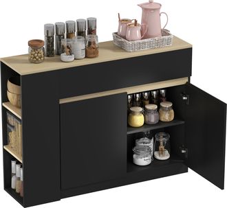 HOMCOM Homcom Aparador De Cocina, Armario De Cocina Con 2 Cajones, 3 Estantes Abiertos, 2 Puertas, Estante Ajustable, Para Comedor, 110x29,5x82 Cm, Negro