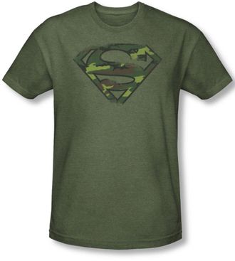 Superman Mens Distressed Camo Shield T-Shirt In Military Green, Large, Military Green
