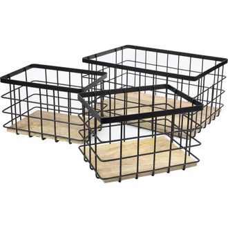 Happimess Evvie Vintage Farmhouse Handmade Wire Metal Nesting Storage Baskets with Wood Base in Black/natural at Nordstrom