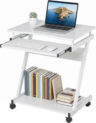 HOMCOM Homcom Mesa De Ordenador Con Ruedas, 60x48 Cm, Con Bandeja Deslizante Para Teclado Y Estante Inferior, Marco Met&aacute;lico En Forma De Z, Blanco