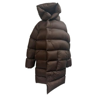 Rick Owens Hooded Quilted Shell Down Coat in Brown Polyamide
