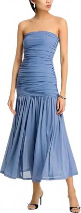 Bardot Solana Gathered Mesh Strapless Maxi Dress In Dusty Blue