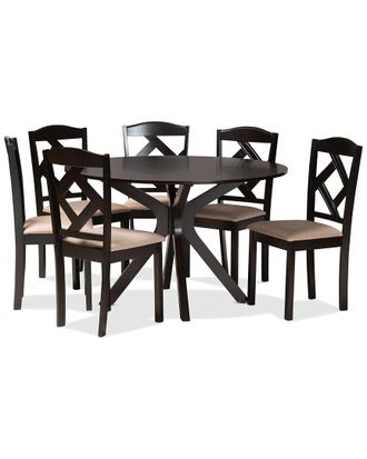 Baxton Studio Carlin Sand Fabric Upholstered & Dark Brown Finished Wood 7-Piece Dining Set