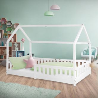 ML Design Ml-design Cama Infantil Casa Blanca 90x200 Cm De Madera De Pino Con Protecci&oacute;n Antica&iacute;da, Techo Y Somier Estructura De Listones, Cuna De Suelo Maciza,