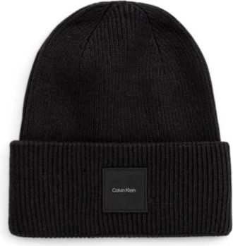 Calvin Klein Accessoires, Heren, Zwart, ONE Size, Katoen, Fijn Geribbelde Beanie