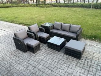 Fimous Patio Garden Furniture Sets Wicker 8 Seater Outdoor Rattan Furniture Sofa Sets with Square Coffee Table in Dark Grey