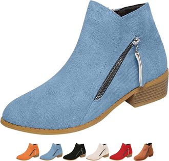 Generic Womens Suede Chunky Heel Walking Ankle Boots with Side Zipper, Wide Fit Pointed Toe Low Heel Shoes Comfortable Non-Slip Walking Boot (7.5,Blue)