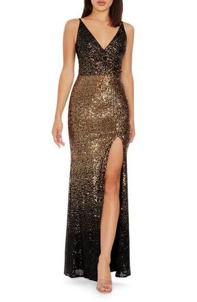 Dress The Population Jordana Sequin Side Slit Gown in Gold Multi at Nordstrom, Size Large