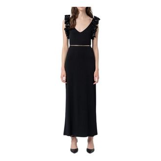 Fracomina Lange jurk strak model met ribbels - Dames - Maxi kleedjes - Zwart - M - Polyester - Kleedjes