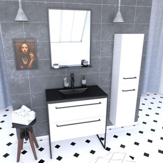 Aurlane Aurlane - Mueble De Ba&ntilde;o 80x50, 2 Cajones Blancos, Lavabo Negro Piedra + Columna