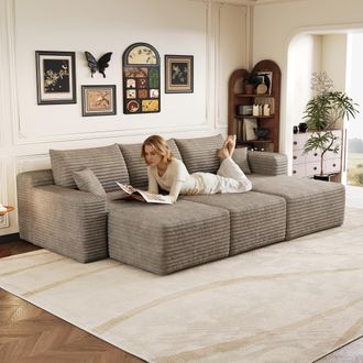 STILVORA Divano Modulare 5 Posti In Velluto A Coste Con Pouf E Chaise Longue A Destra, Senza Montaggio, Cammello