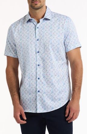 Robert Graham Bramston Medallion Print Short Sleeve Stretch Cotton Button-Up Shirt in White at Nordstrom, Size Xxx-Large