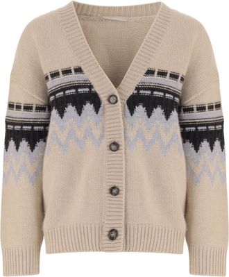 Allude Beige Geometric Pattern Cashmere Cardigan
