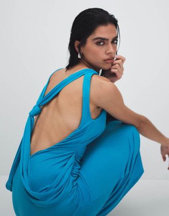 Asos Vestito lungo sinuoso turchese con nodo drappeggiato sul retro-Blu