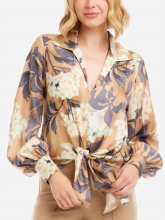 Karen Kane Hydrangea Print Long Blouson Sleeve Tie-Front Top