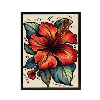 Artery8 Hibiscus Old School USA Tattoo Design Framed Canvas Wall Art Print in Red | Size: W24 x H32