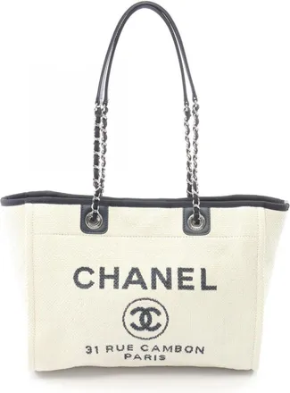 Chanel Navy White Leather Straw Handbag Tote Bag (Pre-Owned)