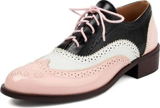 Generic Womens Tri Color Lace Up Oxford Shoes with Wingtip Brogue Perforation, Round Toe, Low Chunky Heel, Cushioned Insole, Classic Vintage Design,Pink,8.5 U