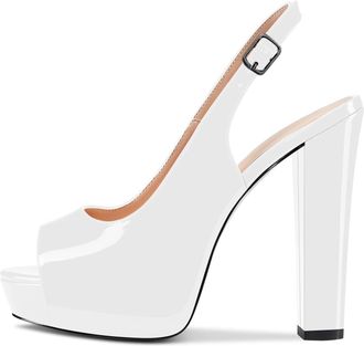 Castamere Women Chunky Block High Platform Heels Peep Open Toe Sandals Slingback Wedding Slip-on Pumps Court Shoe Clear Cute Dress Shoes White Patent 3.5 UK