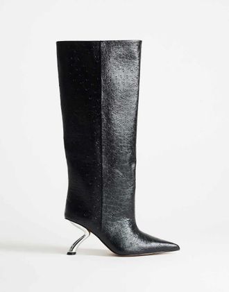 Topshop Trinity stivale al ginocchio con tacco angolare in nero effetto struzzo e argento