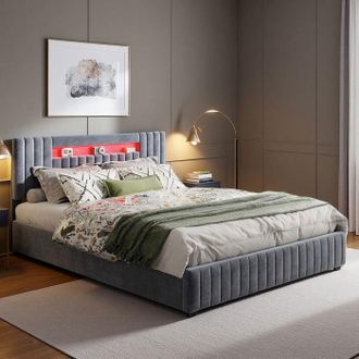 OEM Cama Lit - 140x190 Cm - Led Rgb Regulable - Somier De Lamas (12) - Terciopelo Gris