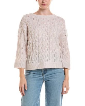 Fort&eacute; Cashmere 3/4-Sleeve Pointelle Cable Crewneck Cashmere Sweater