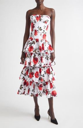 Carolina Herrera Rose Print Tiered Ruffle Convertible Stretch Cotton Poplin Dress in White Multi at Nordstrom, Size 10