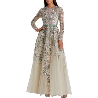 Mac Duggal Long Sleeve Embellished Gown in Sage Multi at Nordstrom, Size 10