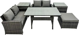Fimous 5 Seater Wicker pe Rattan Furniture Outdoor Dining Table Double Seat Sofa 2 Side Table Big Stool Set Dark Grey Mixed - Fimous