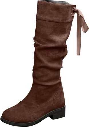 Generic Ladies Mid Calf Boots Stretch Casual Walking Boot Vintage Lace Up Stylish Low Heel Comfortable Non-Slip Pull On Riding Boots Outdoor Party