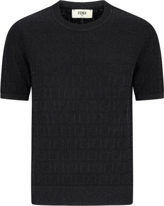 Fendi Round-neck Knitwear, female, Black, Size: 2XS Lace FF Knit T-Shirt