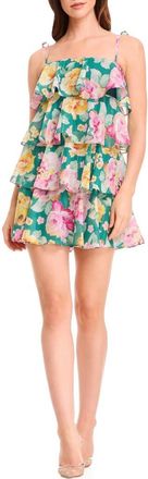 Dress The Population Pixie Metallic Stripe Floral Tiered Minidress in Pine Multi at Nordstrom, Size Xx-Large