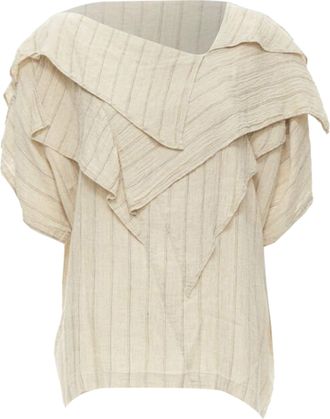Issey Miyake 1980s Vintage beige striped linen waterfall ruffle top S Rare