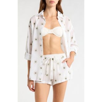 Elan Evil Eye Print Button-Up Cover-Up Shirt in White Evil Eye at Nordstrom, Size X-Large