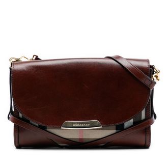 Burberry Tweedehands leren en Huischeck canvas Bridle Abbott schoudertas