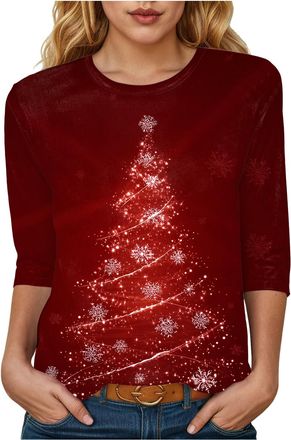 Generic Christmas T Shirts for Women UK Fashion 3/4 Sleeve Crewneck Tops Plus Size Loose Fit Tshirt Xmas Dressy Shirts Santa Tree Wine Snowflake Graphic Print