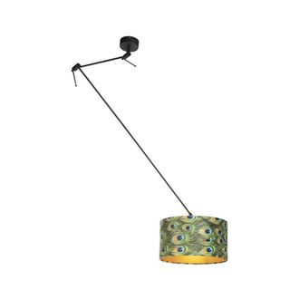 QAZQA Qazqa - Pendant Light Black with Velvet Peacock Lampshade with Gold 35 cm - Blitz