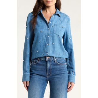 Caslon Crystal Embellished Denim Button-Up Shirt in Medium Wash at Nordstrom Rack, Size X-Small